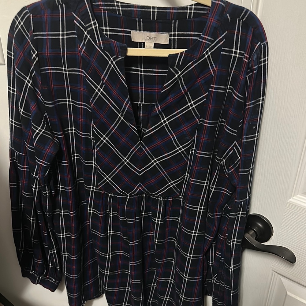 LOFT Navy Blue Blouse with Red and White Plaid Pattern Notched V-Neck Collar